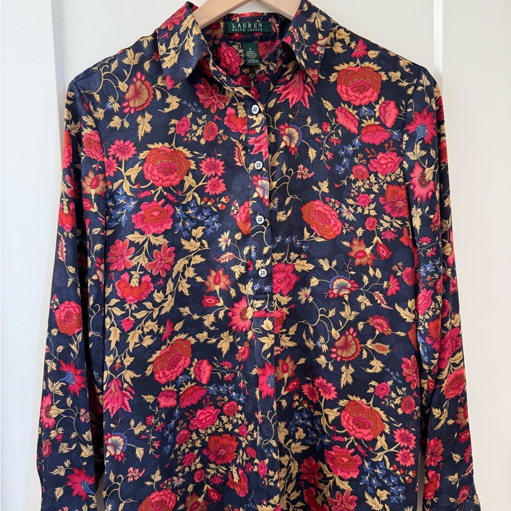 Vintage Ralph Lauren Womens Floral Red & Blue Silky Blouse